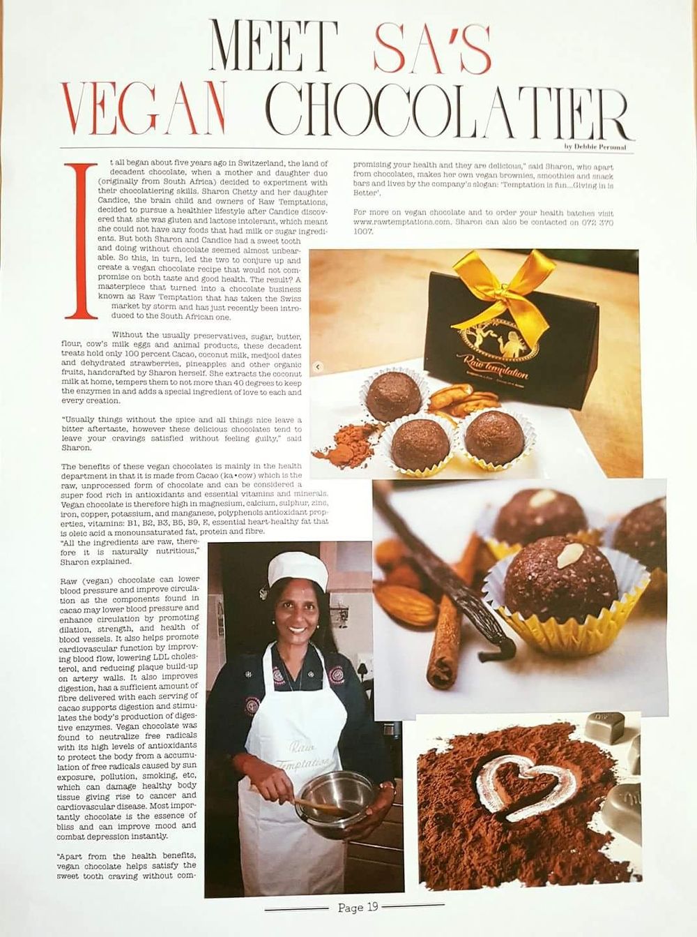 Magazine feature titled Meet SA's vegan chocolatier
