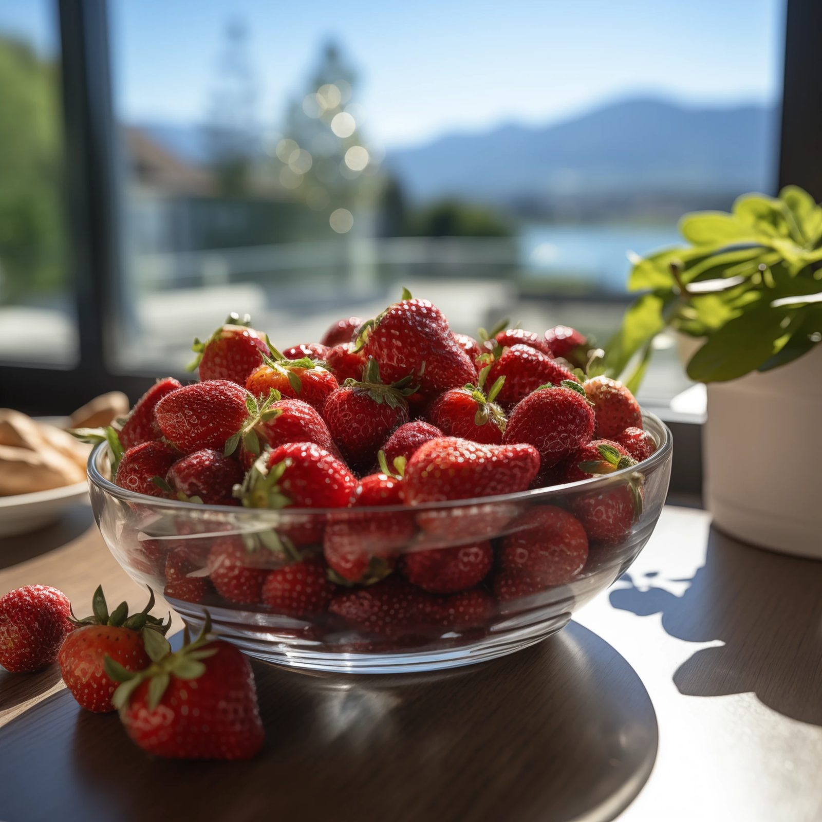 A bowl of fresh strawberries in the sun